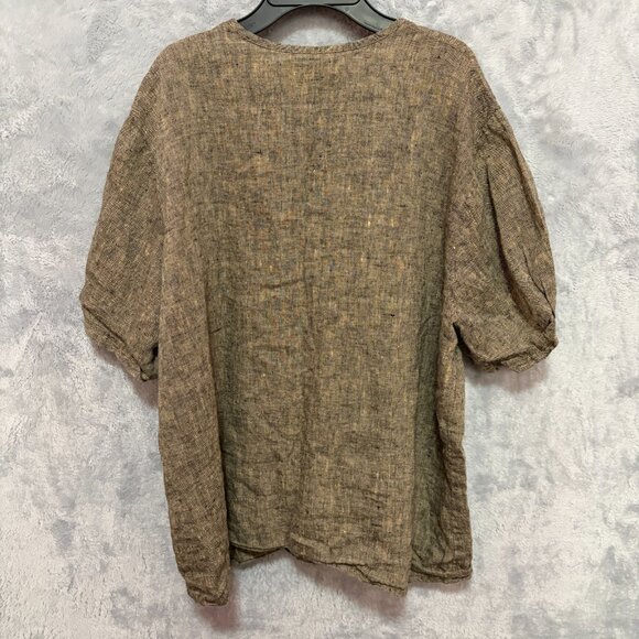 Flax Shirt Womens Large Brown Relaxed Lagenlook Button Front Sleeve Puff Blouse - Picture 3 of 8